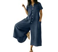 Summer Jumpsuits for Women UK Cotton Linen Wide Leg Romper Short Sleeve Lapel Button Down Playsuits Casual Loose One Piece Overalls with Pockets for Daily Wear