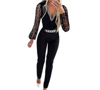 Summer Jumpsuits for Women UK Overalls Ladies Casual Trousers Trendy Cold Shoulder Long Sleeve V Neck Rompers Wide Leg Lounge Pants Solid Color Loose Comfortable Fit Workout One Piece