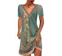 Summer Lace Dress for Women UK Clearance Crochet Shirt Dress Sleeveless Tank Dress Vintage Print V Neck Beach Dress Straight Dress Midi Length Ladies Elegant Party Going Out Fashion Swing Dress Green