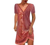 Summer Lace Dress for Women UK Clearance Crochet Shirt Dress Sleeveless Tank Dress Vintage Print V Neck Beach Dress Straight Dress Midi Length Ladies Elegant Party Going Out Fashion Swing Dress Red