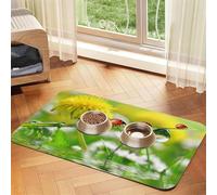 Summer Ladybird Flowers Patterned Pet Feeding Mat with Water-Absorbing PU Top & Rubber Base - Anti-Slip Dog Cat Food Mat for Cats, Dogs & Pets, 30x45cm