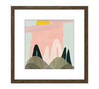 Summer Landscape Sunny Abstract Boho Pastel Pink Blue Watercolour Painting Square Wooden Framed Wall Art Print Picture 8X8 Inch Artery8 Brown One Size