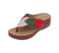 Summer Leaf Print Toe Separators Comfortable Casual Beach Slippers with Arch Support for Indoor and Outdoor Use, Wine Red, 8.5 UK