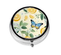 Summer Lemon Flower Butterfly Round Pill Box with 3 Compartments, Mini Metal Pill Organizer for Purse or Pocket, Lightweight Portable for Daily Use Gifts Travel