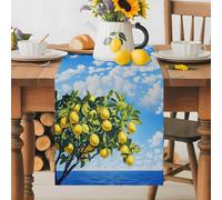 Summer Lemon Green Leaves Watercolor Table Runner 36 Inches Long,Table Runners Kitchen Dining Tables Decoration for Home Party Decor, Dark Blue Sea Sky Tables Runner Wedding Dresser Scarf