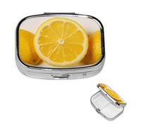 Summer Lemon Pill Box with Mirror 2 Compartment Decorative Pill Case for Purse or Pocket Small Square Pill Organizer Weekly Metal Medicine Tablet Vitamin Holder Travel Gift