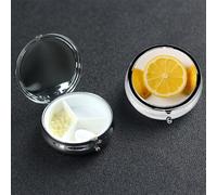 Summer Lemon Pill Box with Mirror 3 Compartment Decorative Pill Case for Purse or Pocket Small Round Pill Organizer Weekly Metal Medicine Tablet Vitamin Holder Travel Gift