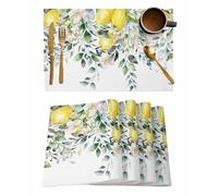 Summer Lemon Placemats Set of 6 Washable Table Mats for Kitchen Dining Table, Eucalyptus Leaves Heat-Resistant Cotton Linen Place Mats for Indoor Outdoor Parties Holiday Decoration, Watercolor Flower