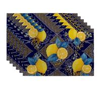 Summer Lemon Print Placemats, Navy Blue Citrus Table Mats for Dining, Non-Slip Washable Indoor Outdoor Party Decorative Place mats Set of 6