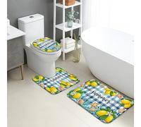 Summer Lemon Quick Dry Bath Mat, Coastal Blue Checkered Floral Absorbent Non Slip Shower Mat, Beach Decorative Washable Bath Rugs for Bathroom Toilet Restroom 3 Piece Sets