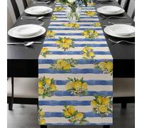 Summer Lemon Table Runner 13x90 Inches Long Summer Lemon Floral Blue Stripes Linen Texture Cotton Linen Table Runner Burlap Style for Dinner Table Party Decor Tabletop Decorations