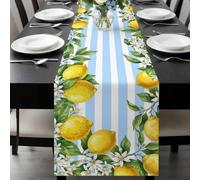 Summer Lemon Table Runner 14x72 Inches Long White Floral Flower Farm Blue White Stripes Cotton Linen Table Runner Burlap Style for Dinner Table Party Decor Tabletop Decorations