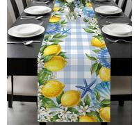 Summer Lemon Table Runner 16x72 Inches Long Oceans Blue Shells Starfish Flower Blue Plaid Cotton Linen Table Runner Burlap Style for Dinner Table Party Decor Tabletop Decorations