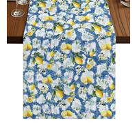 Summer Lemon Table Runner, Yellow Fruit White Flowers Country Plant Blue Cotton and Table Linen Runner for Kitchen Dining Home Decor for Party Festival Holiday Decoration Gift 13x108in