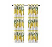 Summer Lemons Blackout Curtains for Bedroom Living Room, Yellow Fruit Leaf Striped White Background 90 In Long Thermal Insulated Room Darkening Drapes Grommet Window Treatments, 52 x 90 In