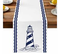 Summer Lighthouse Table Runner, Vintage Coastal Nautical White Blue Sea Waves Cotton and Table Linen Runner for Kitchen Dining Home Decor for Party Festival Holiday Decoration Gift 13x120in