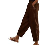 Summer Linen Capri Trousers for Women UK Petite Elasticated Waist Ladies Cotton White Linen Trousers Lounge Pants Beach Casual Cropped Trousers with Pockets