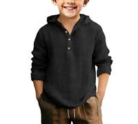 Summer Linen Shirt for Boys Kids Long Sleeve Half Button Cotton Linen Shirts Teens Loose Fitting Lightweight Breathable Hoodies Children Solid Color Dressy Casual Tops Toddler School Breezy Outfit