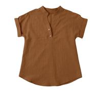 Summer Linen Shirts for Girls Tunic Blouses V Neck Buttons Kids Short Sleeve Tops Trendy Lightweight Solid Color Casual Loose Tee Outdoor (Brown, 6-7 Years)