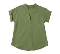 Summer Linen Shirts for Girls Tunic Blouses V Neck Buttons Kids Short Sleeve Tops Trendy Lightweight Solid Color Casual Loose Tee Outdoor (Green, 6-7 Years)