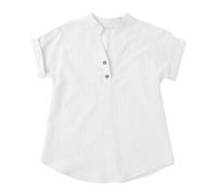 Summer Linen Shirts for Girls Tunic Blouses V Neck Buttons Kids Short Sleeve Tops Trendy Lightweight Solid Color Casual Loose Tee Outdoor (White, 5-6 Years)