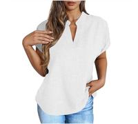 Summer Linen T Shirt for Women UK Sale Clearance,Ladies V Neck Henley Shirts Petite Casual Loose Short Sleeve Blouses Elegant Grandad Collar Cotton Tee Shirts Plain Office Work Tunic Tops White