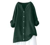 Summer Linen Tops for Women 2026 Vacation Trendy V Neck Long Sleeve Shirts Casual Button Up Tunic Clothes Dark Green Hot Pink Light Blue Orange Brown Dark Gray Green L XXL 3XL 4XL 5XL M S XL