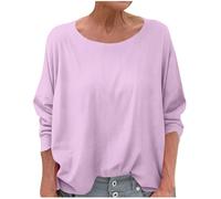 Summer Linen Tops for Women Cotton-Linen Muslin T Shirts Elegant Long Sleeved Plain Blouse Going Out Casual Loose Tee Shirt Lagenlook Work Lightweight Ladies Tunic Top UK Sale Clearance Purple