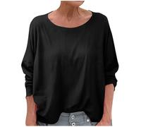 Summer Linen Tops for Women Cotton-Linen Muslin T Shirts Elegant Long Sleeved Plain Blouse Going Out Casual Loose Tee Shirt Lagenlook Work Lightweight Ladies Tunic Top UK Clearance Black