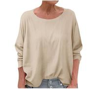Summer Linen Tops for Women Cotton-Linen Muslin T Shirts Elegant Long Sleeved Plain Blouse Going Out Casual Loose Tee Shirt Lagenlook Work Lightweight Ladies Tunic Top UK Clearance Khaki