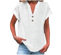 Summer Linen Tops for Women Trendy 2025 Dressy Short Sleeve V Neck Button Down Shirts Loose Tunic Shirt Blouses (White, 5XL)