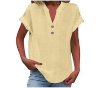 Summer Linen Tops for Women Trendy 2025 Dressy Short Sleeve V Neck Button Down Shirts Loose Tunic Shirt Blouses (Yellow, 4XL)