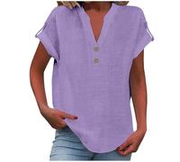 Summer Linen Tops for Women Trendy 2025 Dressy Short Sleeve V Neck Button Down Shirts Loose Tunic Shirt Blouses (Purple, 5XL)