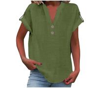 Summer Linen Tops for Women Trendy 2025 Dressy Short Sleeve V Neck Button Down Shirts Loose Tunic Shirt Blouses (Army Green, L)