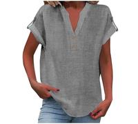 Summer Linen Tops for Women Trendy 2025 Dressy Short Sleeve V Neck Button Down Shirts Loose Tunic Shirt Blouses (Grey, 3XL)