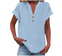 Summer Linen Tops for Women Trendy 2025 Dressy Short Sleeve V Neck Button Down Shirts Loose Tunic Shirt Blouses (Sky Blue, 4XL)