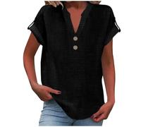 Summer Linen Tops for Women Trendy 2025 Dressy Short Sleeve V Neck Button Down Shirts Loose Tunic Shirt Blouses (Black, 5XL)