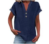 Summer Linen Tops for Women Trendy 2025 Dressy Short Sleeve V Neck Button Down Shirts Loose Tunic Shirt Blouses (Navy, 4XL)