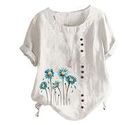 Summer Linen Tops for Women UK, Bohemian Boho Tops Short Sleeve Linen Tops Crewneck Blouse Oversized Shirts Loose Plus Size Tunic Tops Casual Solid Elegant Baggy Tshirt