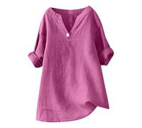 Summer Linen Tops for Women UK Long Sleeve V Neck Blouses Shirts Loose Casual Tunic Top Tee Ladies Button Down T-Shirt Pullover Plus Size Tops Size Color Linen Cotton T-Shirt Short Sleeve Shirts