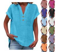 Summer Linen Tops For Women UK Oversized Button down Cotton Cap Short Sleeve T-Shirt V Neck Tunic Boho Top Fashion Baggy Solid Plain Dressy Casual Shirts Trendy Plus Size Blouse 2026 Outfits Clothes