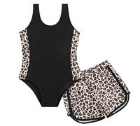 Summer Little Girl's Loose Fitting Tank Top and Shorts with Leopard Print On The Side A Two Piece Set of Swimsuit and Shorts (Black, 6-7 Years)