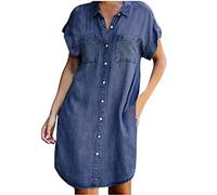 Summer Long Denim Shirt Womens Midi Dress Short Sleeve Casual Jean Button Down A-Line Dresses Oversized Slim Fit Knee Length Dresses with Pockets Loose Fit Tunic Tops Party Streetwear Office Work