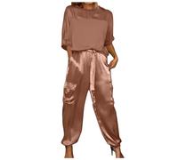 Summer Lounge Wear Sets For Women Uk Causal Smooth Satin Half Sleeve Tops And Leggings Joggers Matching Set Co Ord Sets Formal Trouser Suits Loungewear Wedding Business Work Office 2 Pieces