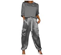 Summer Lounge Wear Sets for Women UK Causal Smooth Satin Half Sleeve Tops and Leggings Joggers Matching Set Co Ord Sets Formal Trouser Suits Loungewear Wedding Business Work Office 2 (11-Grey, XXXXL)