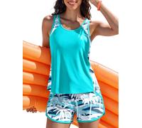 Summer Mae Blouson Tankini Swimsuits for Women 2025 Tummy Control Two Piece Bathing Suits with Sporty Pockets Swim Shorts, Coconut Tree on the Sea, 14