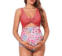 Summer Mae Maternity Cutout One Piece Swimsuit Twist Front Criss-Cross Bathing Suit High Waisted Pregnancy Swimwear, Pink Floral, Medium