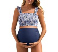 Summer Mae Maternity High Waist Bikini Swimsuit Two Piece Ruffled Hem Cute Bathing Suit Floral Pregnancy Swimwear, Dewdrop Blooms, Medium