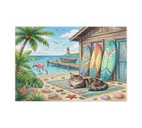 Summer Maine Coons Cat Beach Jigsaw Puzzles for Adults 1000 Piece, Coastal Kitten Beachy Cottage Wooden Puzzles, Fun Pattern Decor for Home Entertainment