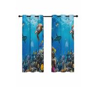 Summer Marine Life Blackout Curtains for Bedroom Living Room, Modern Turtle Shark Coral Fish 45 In Long Thermal Insulated Room Darkening Drapes Grommet Window Treatments, 42 x 45 In